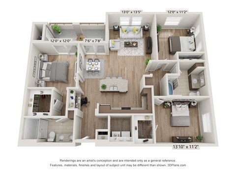 Floor plan for 3 beds, 2 baths, 1424 sqft